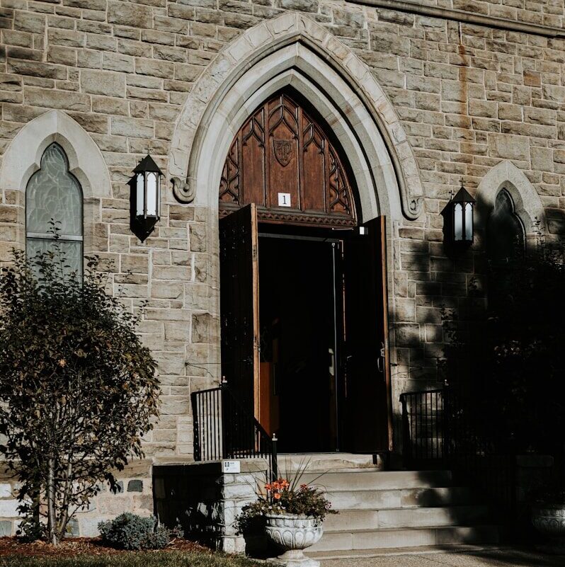 a brick building with a large door